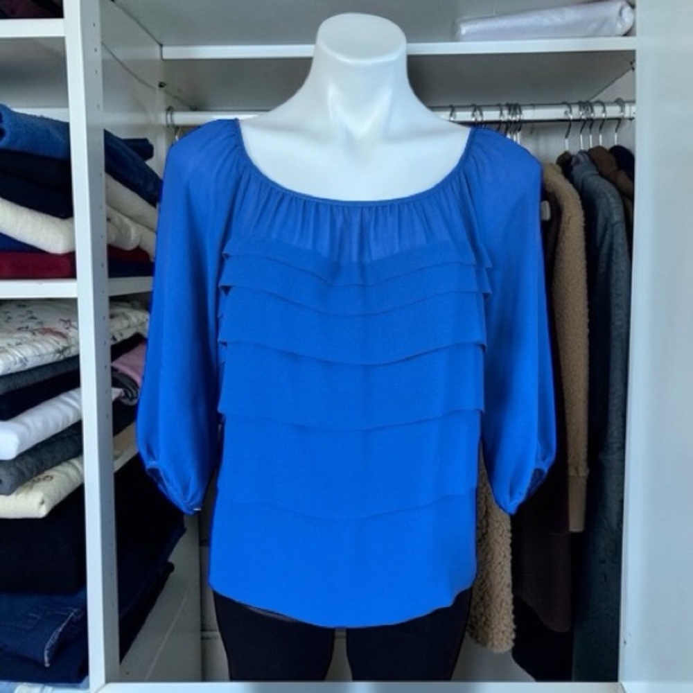 Studio M 3/4 Sleeve Electric Blue Multi-Tiered/Ruffled Blouse Sz S